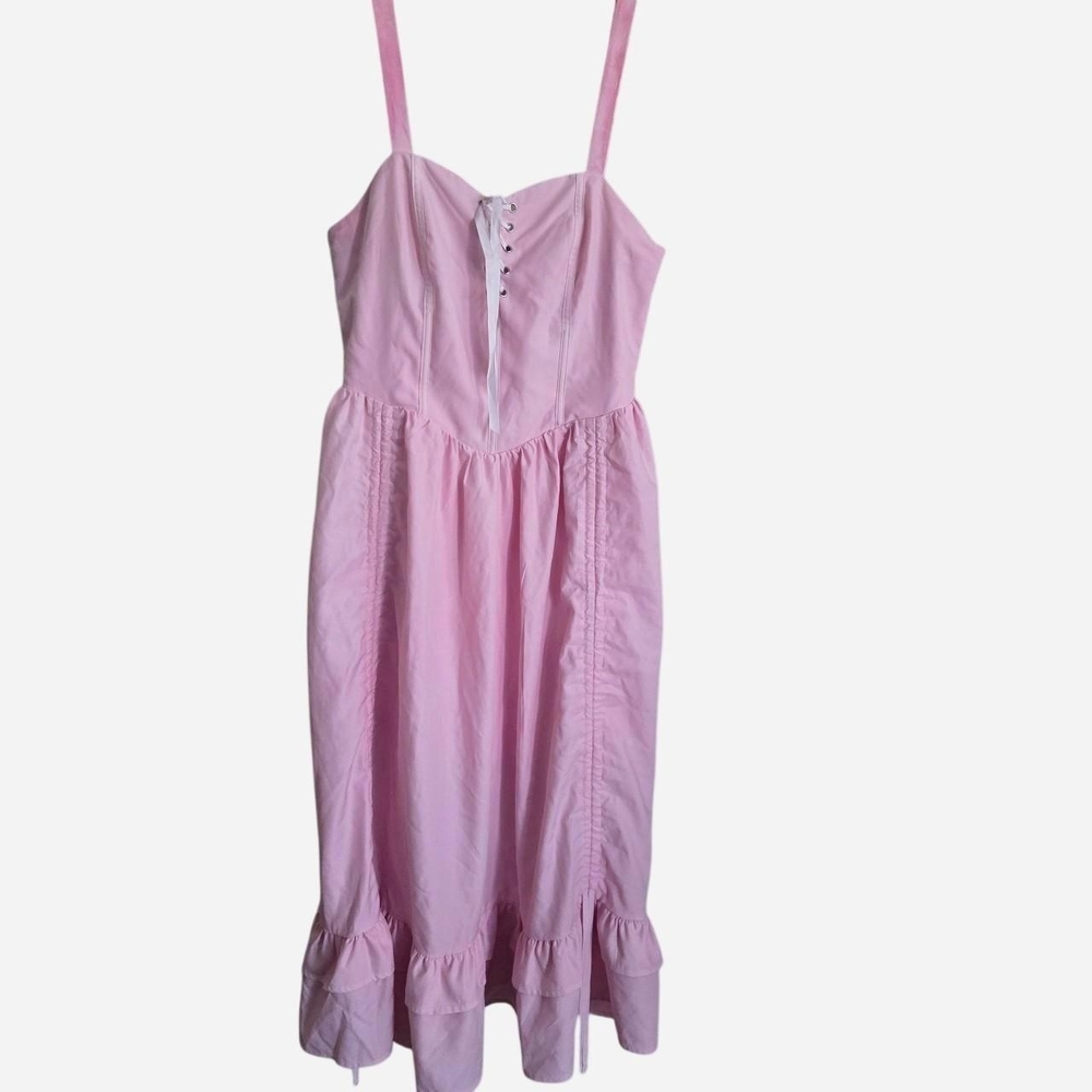 Pink midi dress with corset top and ruffles